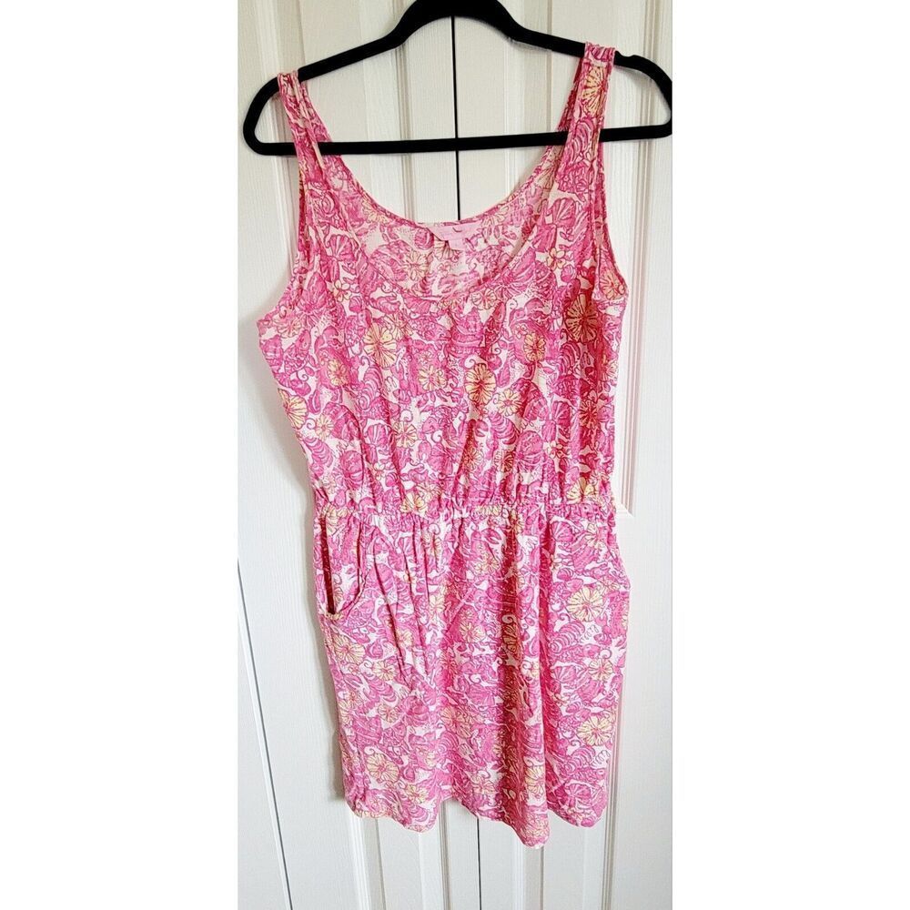 Lilly Pulitzer L Kori Dress Sun Dress Pink Yellow Fish Sealife Pockets *Defect*
